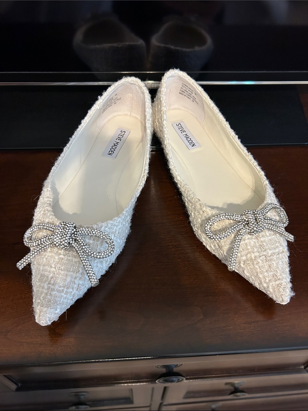 Steve Madden Ivory Tweed Pointed-Toe Flats with Crystal Bow
